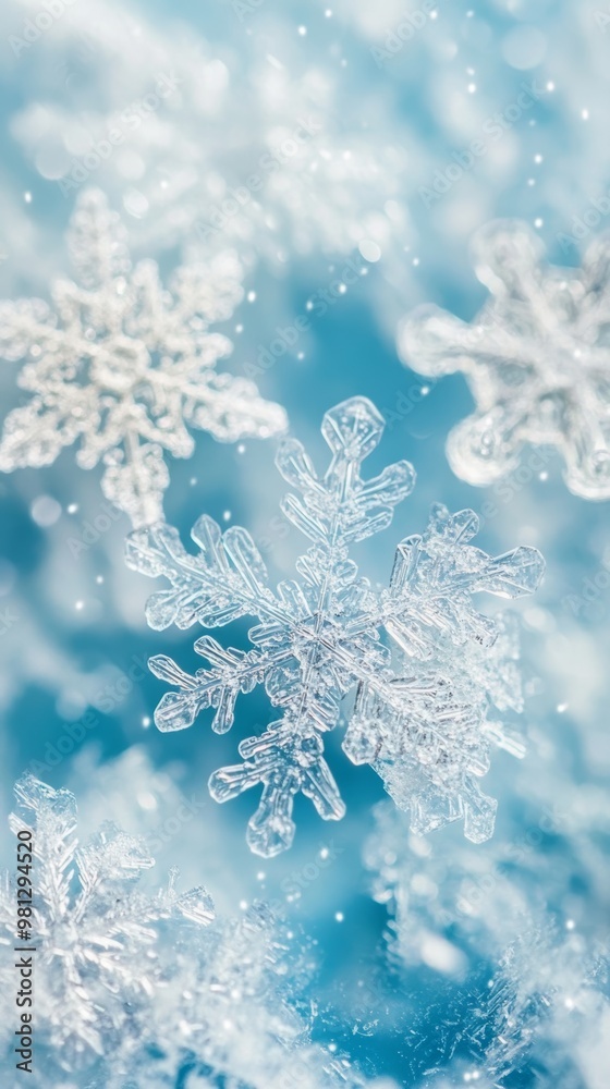 Close-up of intricate snowflakes on a Close-up of intricate snowflakes on a