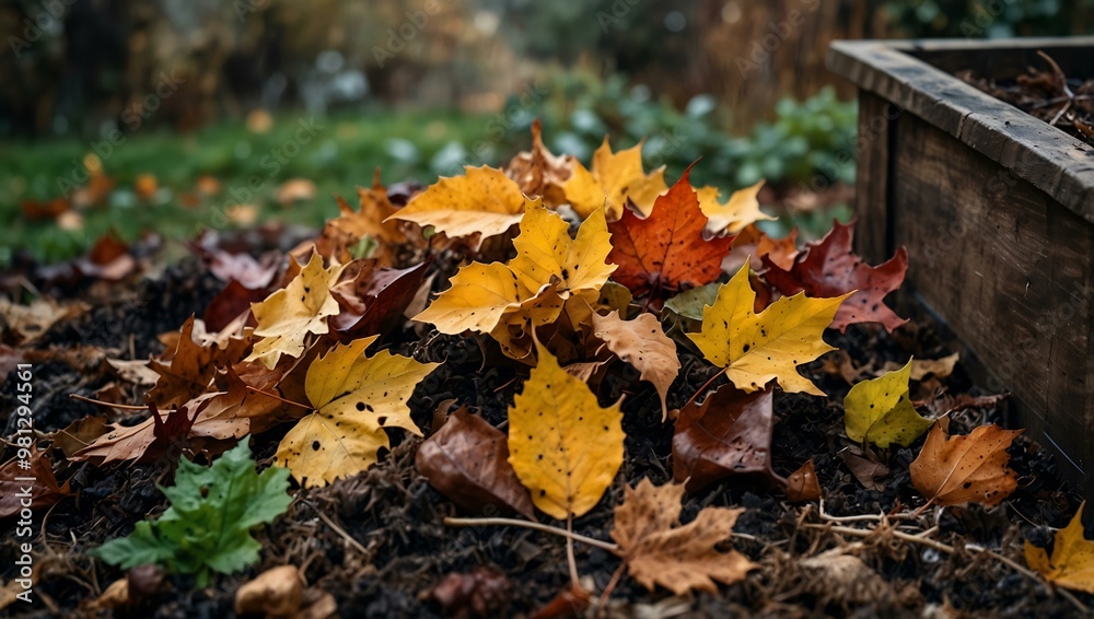 Composting autumn leaves and garden debris in a misty garden with rich earthy tones. Composting autumn leaves and garden debris in a misty garden with rich earthy tones.