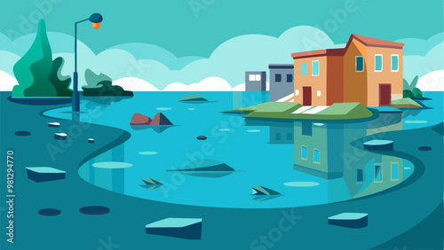 Colorful illustration depicting a flooded urban area with floating debris, ideal for environmental or disaster-related content.