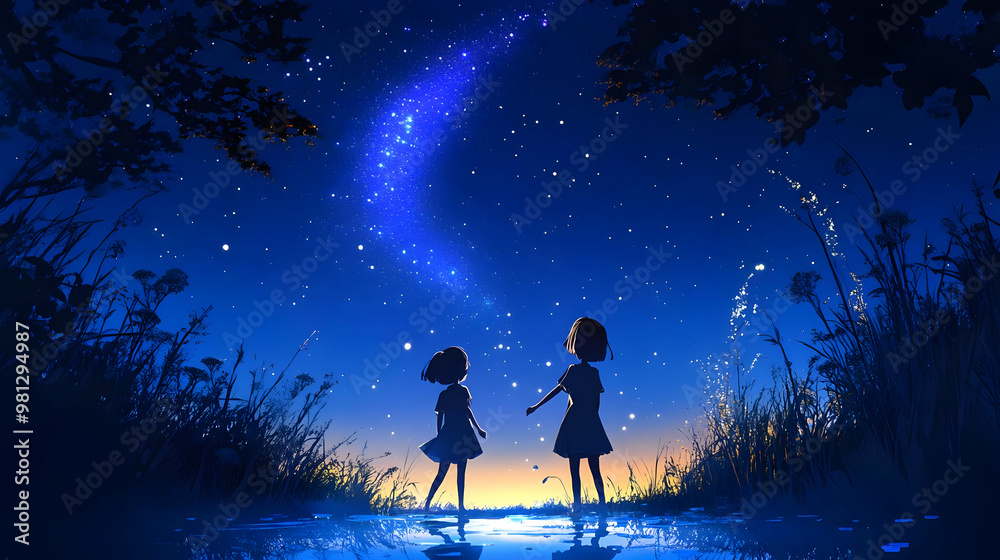 Girls Gaze Up at Night Sky with Stars & Galaxy Girls Gaze Up at Night Sky with Stars & Galaxy