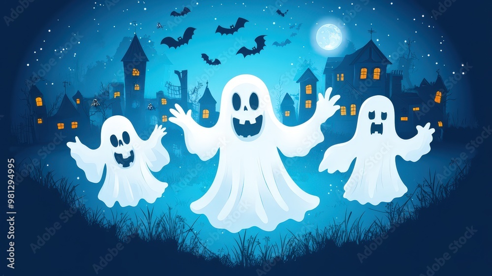 Halloween Three ghosts are standing in a field with a blue sky in the background Halloween Three ghosts are standing in a field with a blue sky in the background