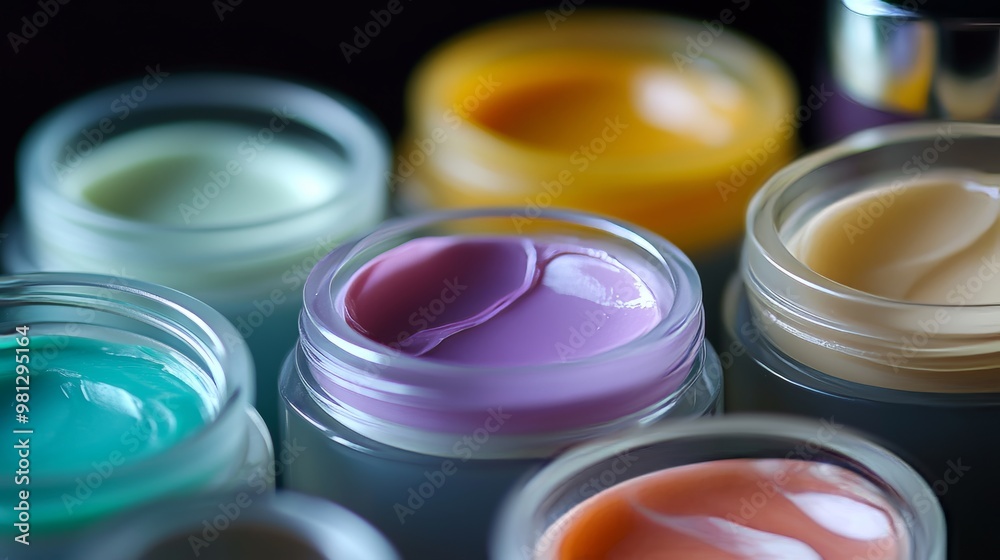 close-up of eye cream jars with various colors and visible gel textures inside, set against a dark background, with soft lighting emphasizing the texture, color, and shape close-up of eye cream jars with various colors and visible gel textures inside, set against a dark background, with soft lighting emphasizing the texture, color, and shape