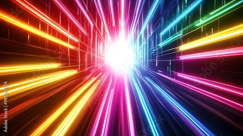 Radiating Neon Light Burst, futuristic flashes, Motion lights, Colorful Streaks on Dark Background