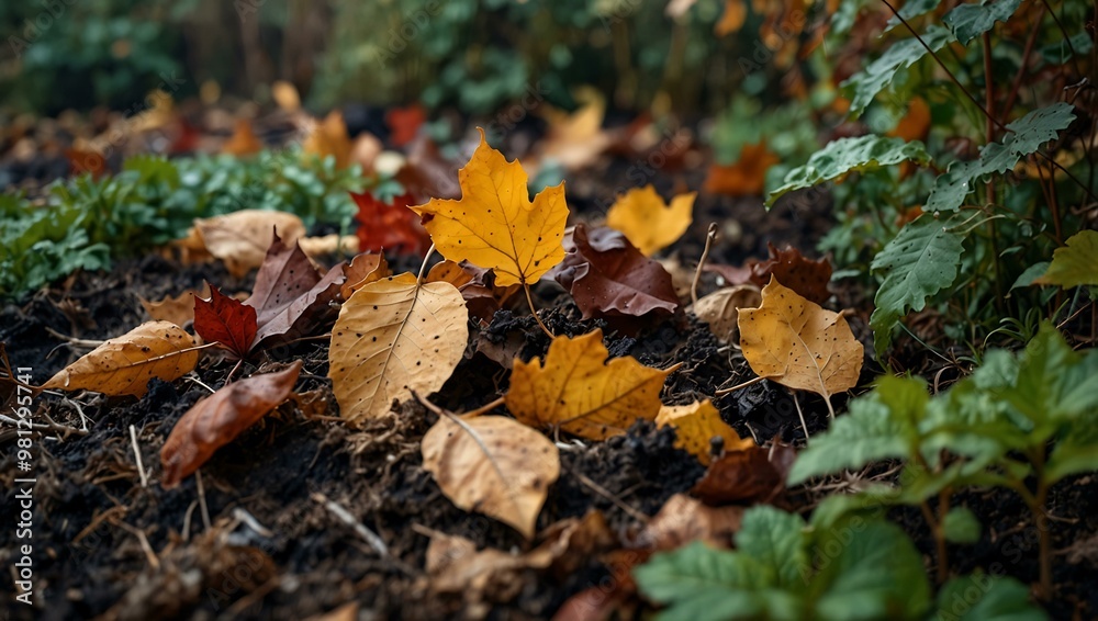 Composting autumn leaves and garden debris with rich earthy tones in a misty garden. Composting autumn leaves and garden debris with rich earthy tones in a misty garden.