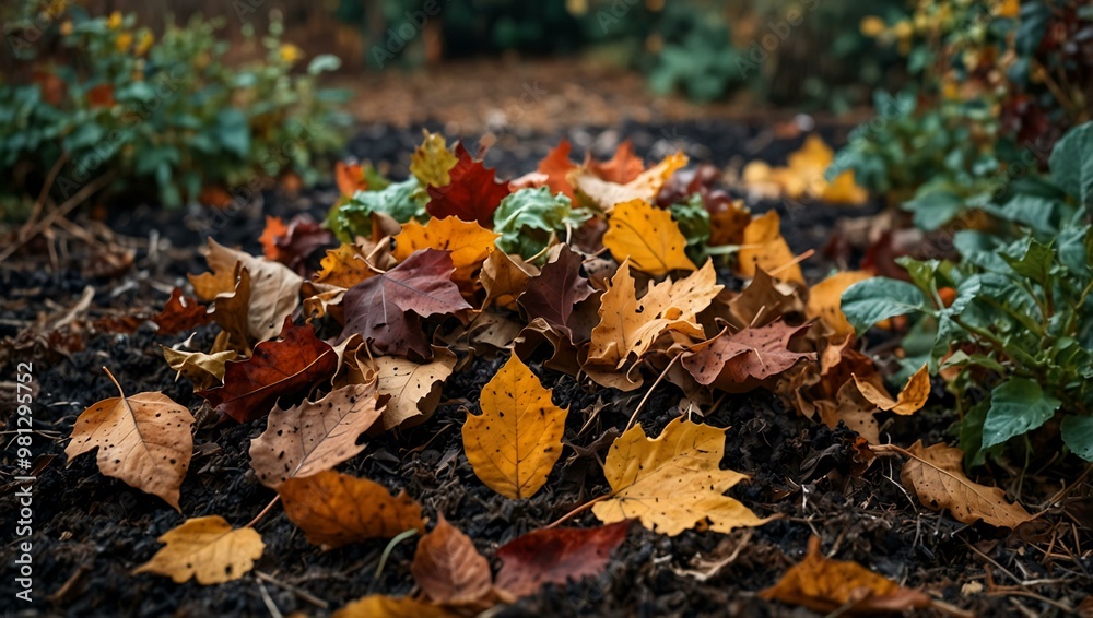 Composting autumn leaves and garden debris with rich earthy tones in a misty garden. Composting autumn leaves and garden debris with rich earthy tones in a misty garden.