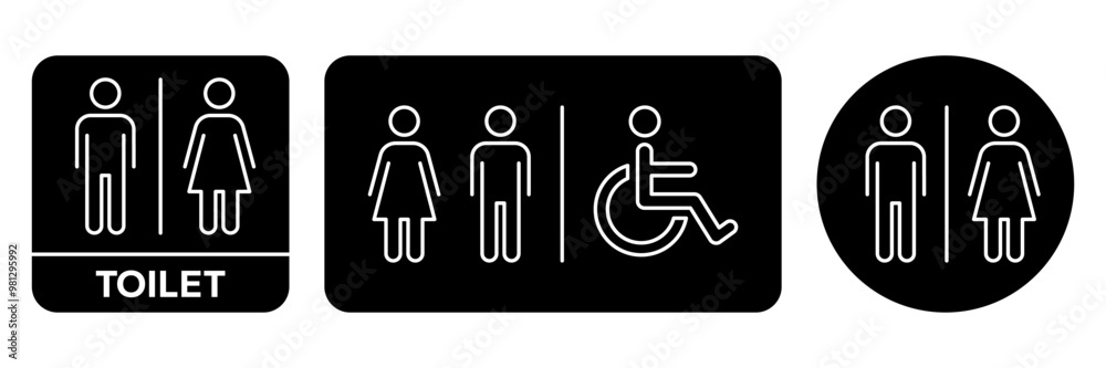 Toilet line icons set. Men and women restroom icon sign right arrow. Disabled wheelchair icon. Vector Illustration