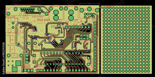 Vector printed circuit board of electronic 
device with components of radio elements, 
conductors and contact pads placed on pcb. 
Engineering drawing. Electric background.
Computer technic cad design