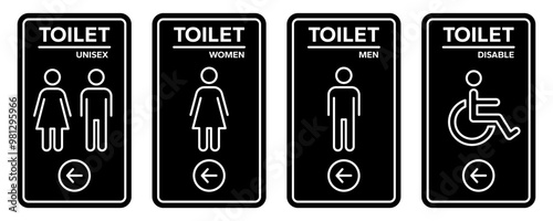 Toilet line icons set. Men and women restroom icon sign right arrow. Disabled wheelchair icon. Vector Illustration