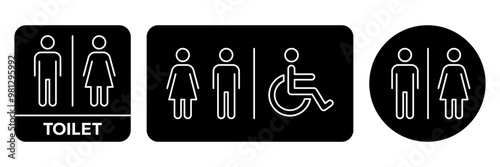 Toilet line icons set. Men and women restroom icon sign right arrow. Disabled wheelchair icon. Vector Illustration