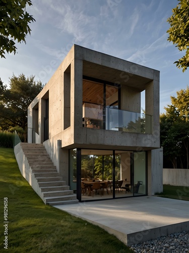 Concrete house design with large windows and a patio.