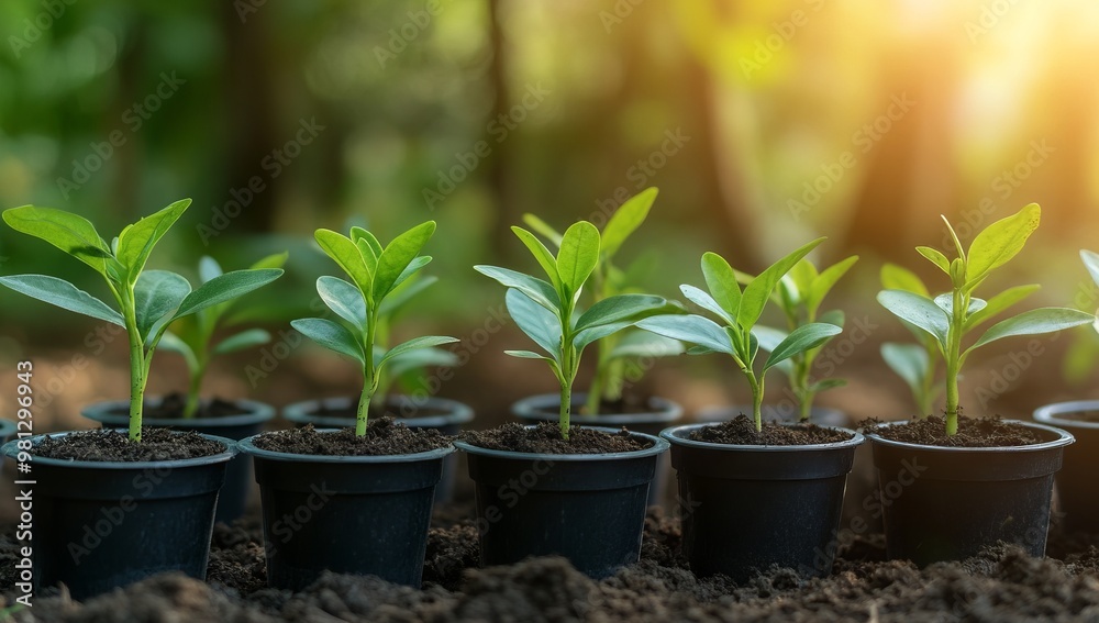 Seedlings Growing in Pots on Forest Floor with Sunlight Through Leaves. AI generated illustration Seedlings Growing in Pots on Forest Floor with Sunlight Through Leaves. AI generated illustration