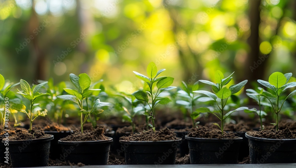 Seedlings Growing in Pots on Forest Floor with Sunlight Through Leaves. AI generated illustration Seedlings Growing in Pots on Forest Floor with Sunlight Through Leaves. AI generated illustration