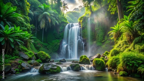 Serene tropical waterfall cascades down lush green rocks, surrounded by vibrant foliage and misty atmosphere, creating a peaceful and idyllic natural wonder scene.