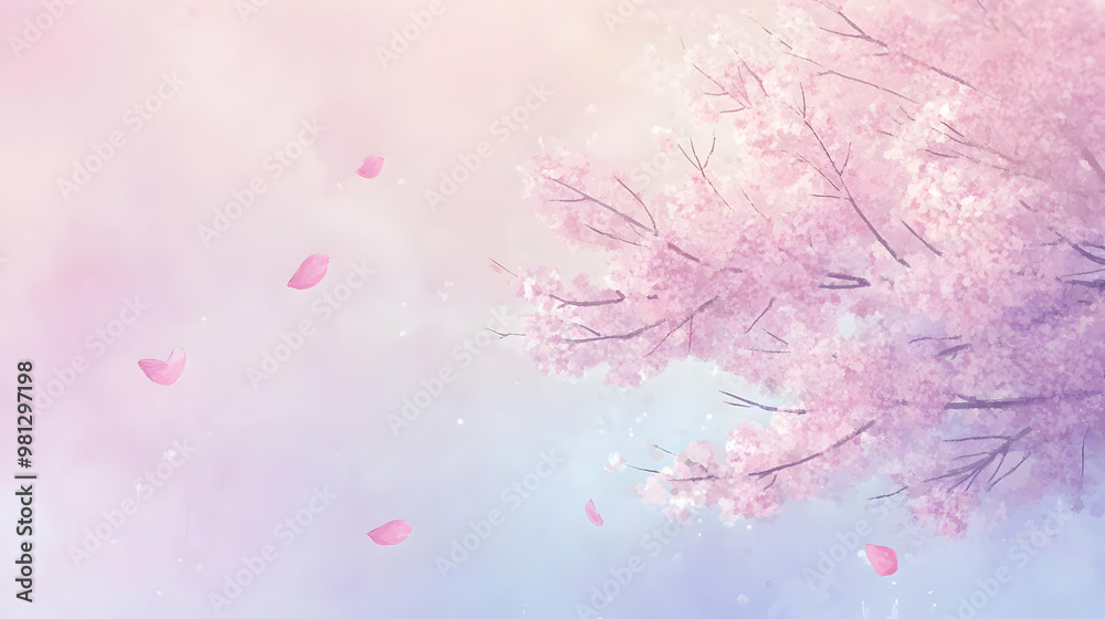 Cherry Blossom Tree with Pink Petals Falling in Gentle Breeze Cherry Blossom Tree with Pink Petals Falling in Gentle Breeze