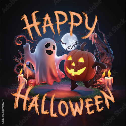 Happy Halloween with ghost and Jack-o'-lantern Vector, 3d render, illustration, typography