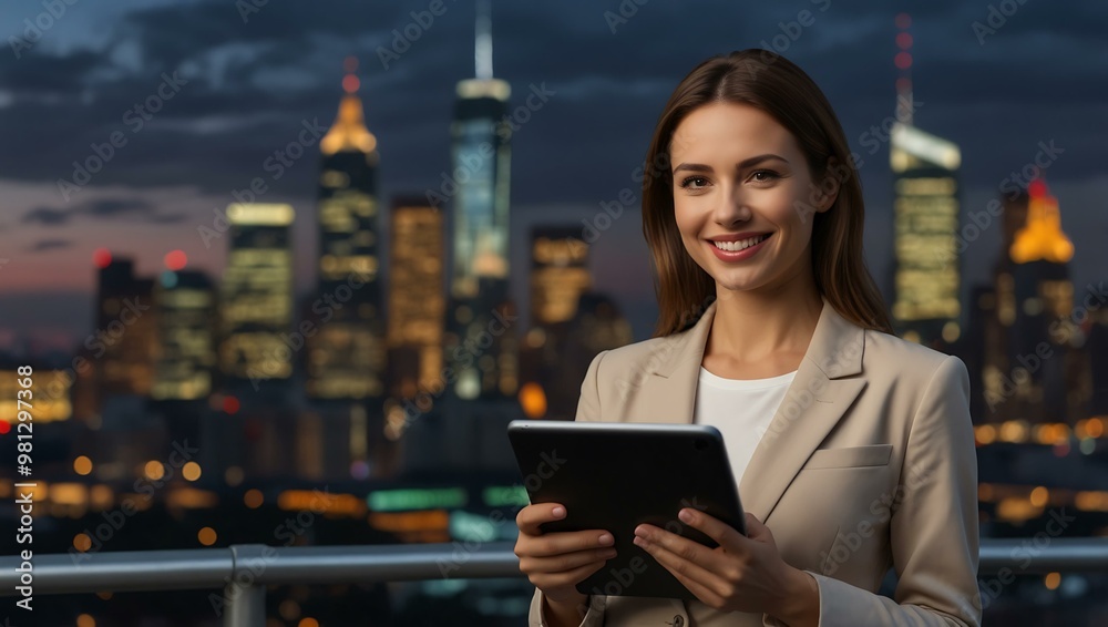 Confident woman in front of a city skyline, smiling with a tablet in her hand. Confident woman in front of a city skyline, smiling with a tablet in her hand.