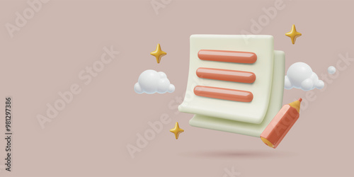 Registration 3d vector banner. Paper documents and a cute pencil icons with clouds and stars on peach fuzz background.