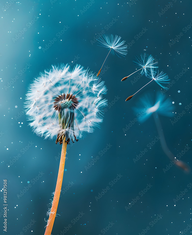Dandelion blowing in the wind close up with blue sky background Dandelion blowing in the wind close up with blue sky background