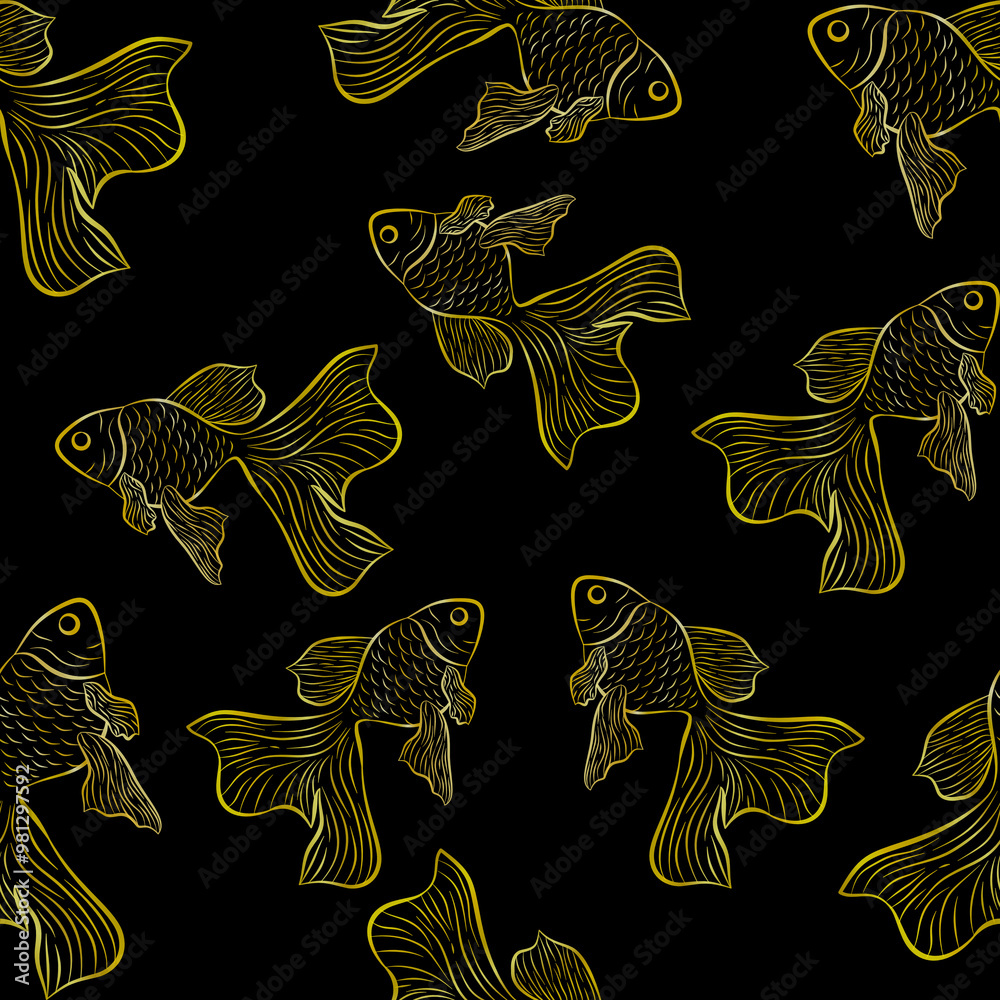seamless pattern with gold fishes on black color background.