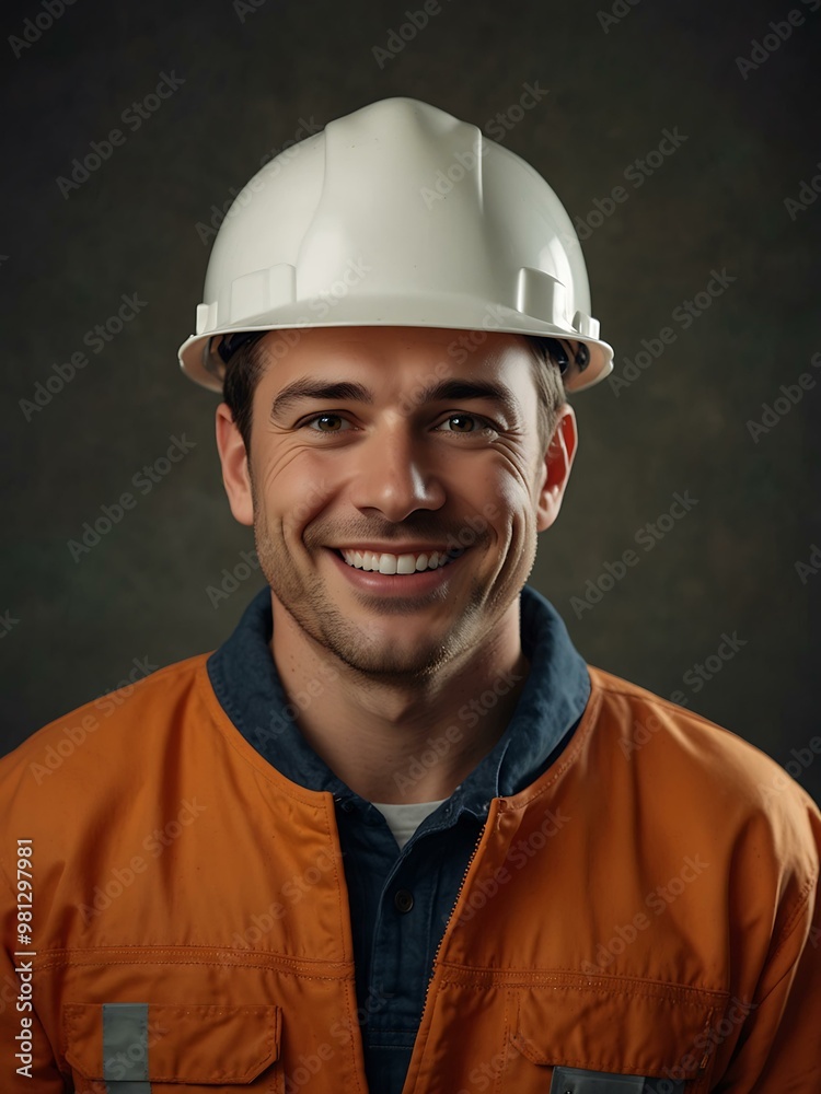 Construction worker smiling in a studio with safety gear. Construction worker smiling in a studio with safety gear.