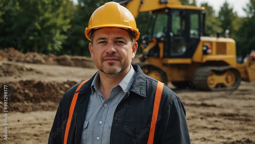 Construction worker with a bulldozer on site Construction worker with a bulldozer on site