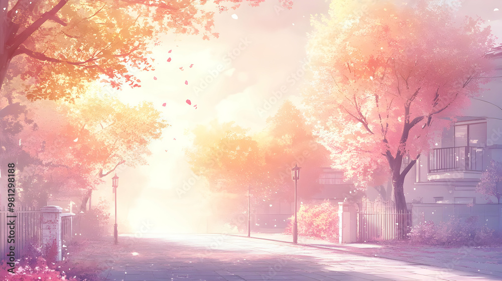 Peaceful Street with Falling Petals and Sunlight