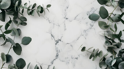 Frame made of eucalyptus leaves on a marble background; wedding invitation card mockup in minimal style