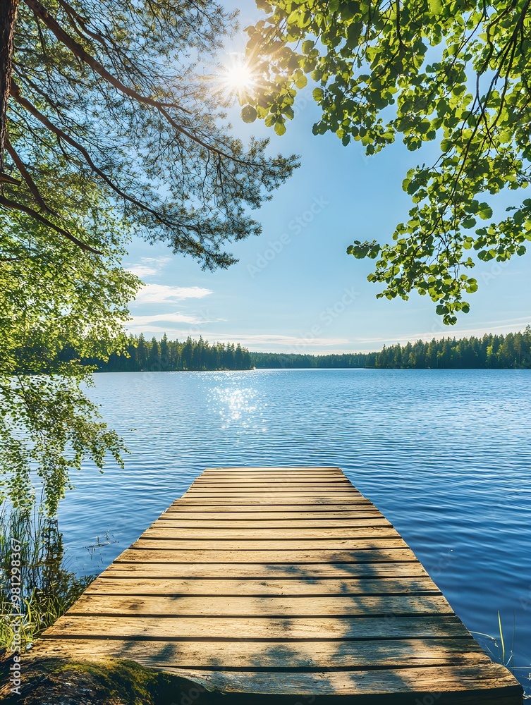 Traditional Finnish and Scandinavian view. Beautiful lake on a summer day and an old rustic wooden dock or pier in Finland. Sun shining on forest and woods in blue sky Traditional Finnish and Scandinavian view. Beautiful lake on a summer day and an old rustic wooden dock or pier in Finland. Sun shining on forest and woods in blue sky