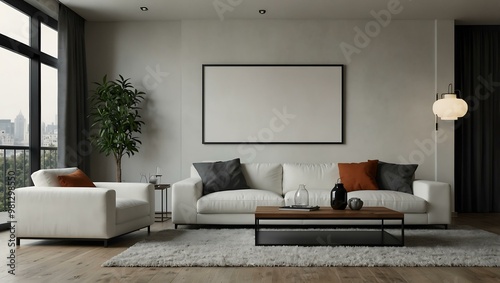 Contemporary living room with a white sofa and blank frame.