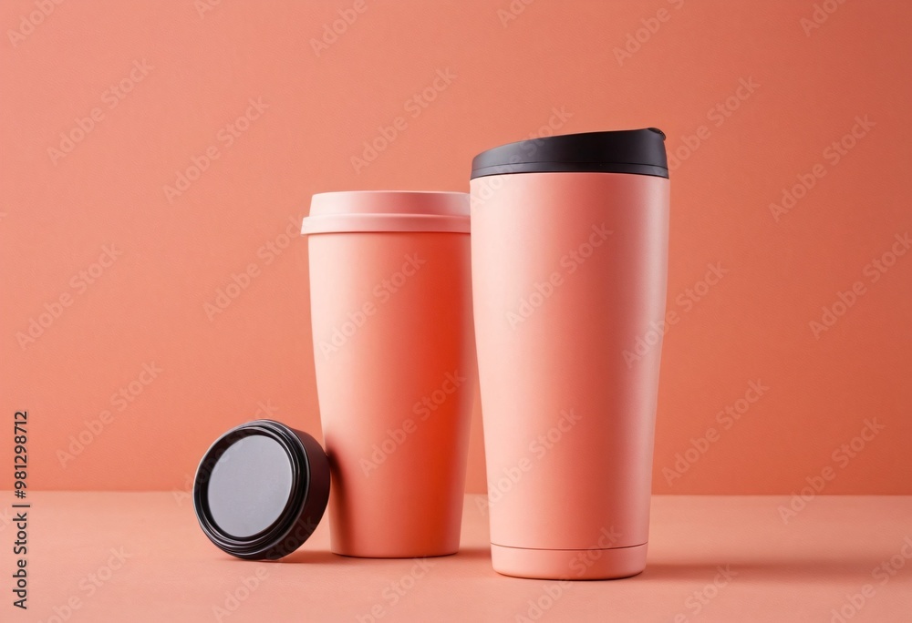 Reusable Coffee Cup To Go. Mug and tumbler thermos flask of Light Coral color on Light Coral background. Mock up. Ai generated image. Reusable Coffee Cup To Go. Mug and tumbler thermos flask of Light Coral color on Light Coral background. Mock up. Ai generated image.
