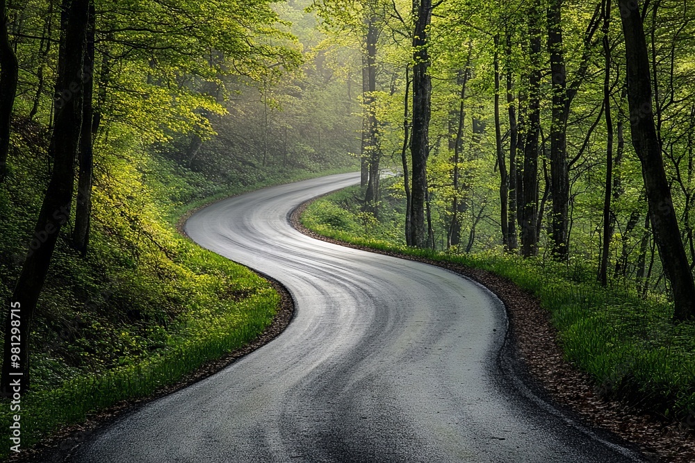 Winding Forest Road in Spring with Green Trees and Misty Morning Light. AI generated illustration Winding Forest Road in Spring with Green Trees and Misty Morning Light. AI generated illustration