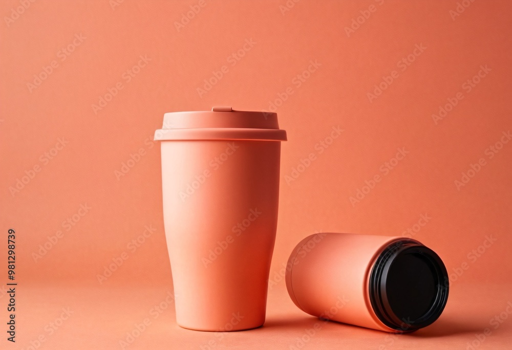 Reusable Coffee Cup To Go. Mug and tumbler thermos flask of Light Coral color on Light Coral background. Mock up. Ai generated image. Reusable Coffee Cup To Go. Mug and tumbler thermos flask of Light Coral color on Light Coral background. Mock up. Ai generated image.