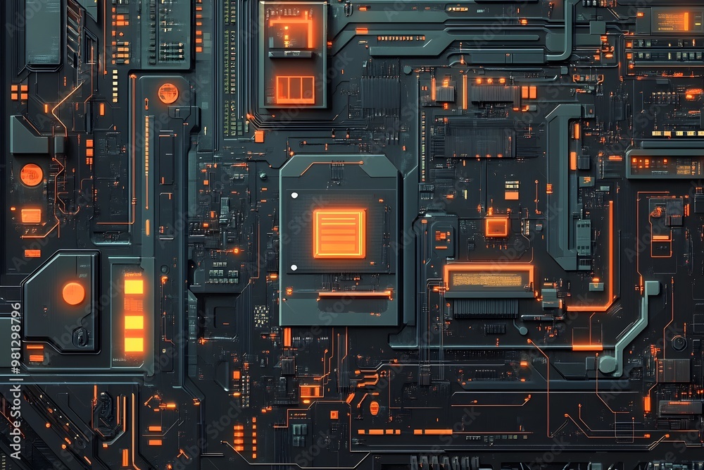 Fototapeta premium Intricate Cybernetic Circuit Board Futuristic Digital Technology Backdrop
