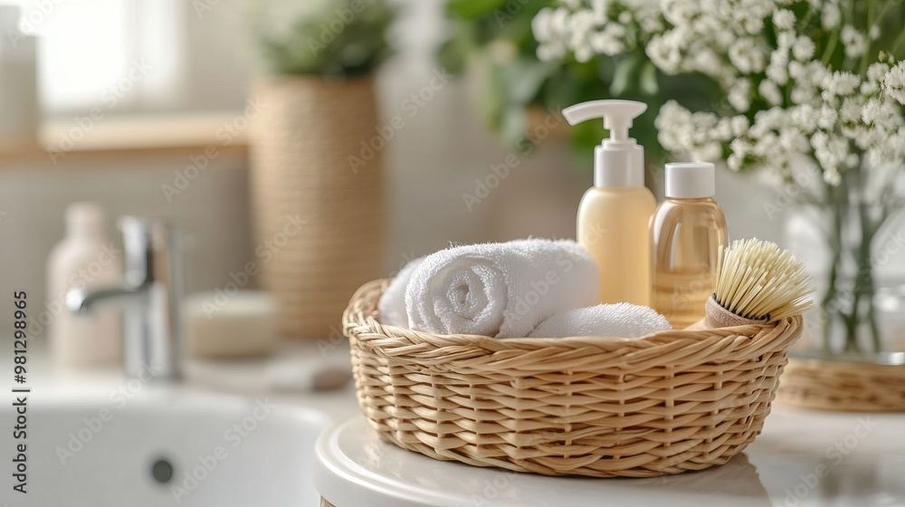 Wicker Basket with Cleaning Products and Brush on Bathroom Table. AI generated illustration Wicker Basket with Cleaning Products and Brush on Bathroom Table. AI generated illustration