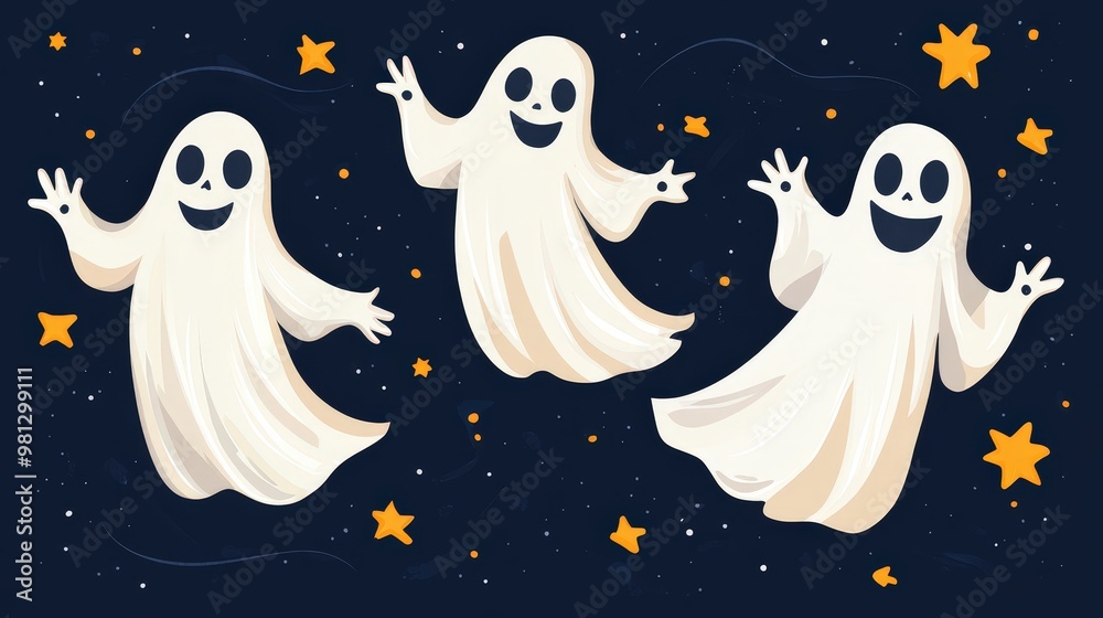 Halloween Three ghosts are flying in the sky with stars below them