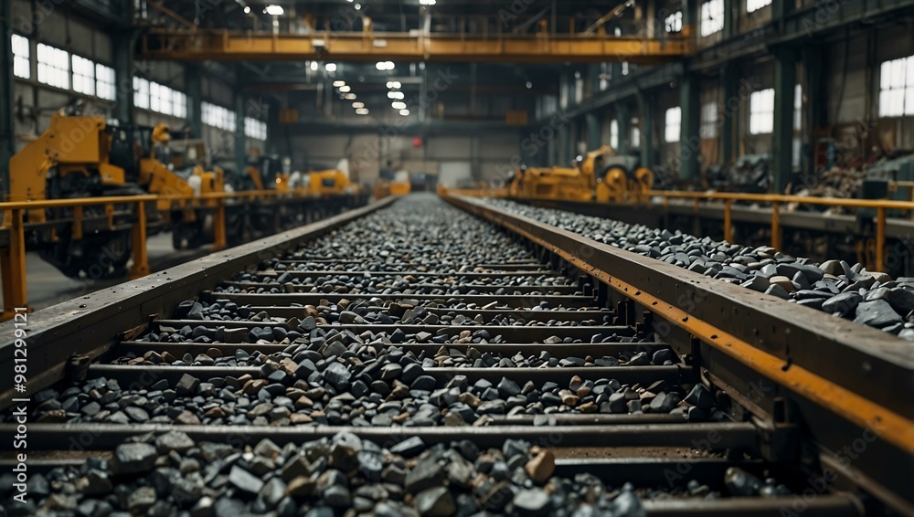 Conveyor belt moving rocks in an industrial setting with machinery in the background. Conveyor belt moving rocks in an industrial setting with machinery in the background.