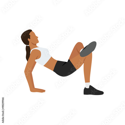 Young woman doing bridge pose and cross legs. Flat vector illustration isolated on white background
