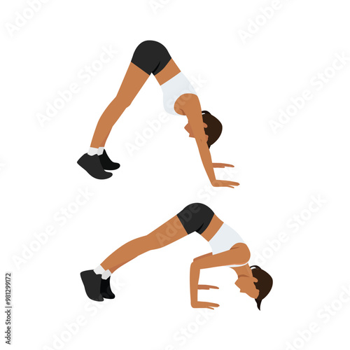 Young woman doing pike push up.Flat vector illustration isolated on white background