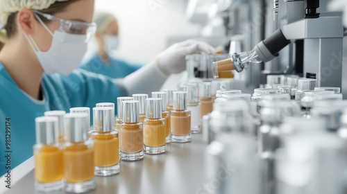 Factory worker filling bottles with liquid foundation on an assembly line