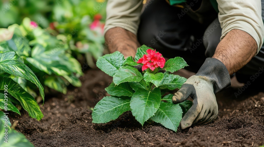 Fototapeta premium Gardener wearing a turban planting flowers in a lush garden, landscaping work