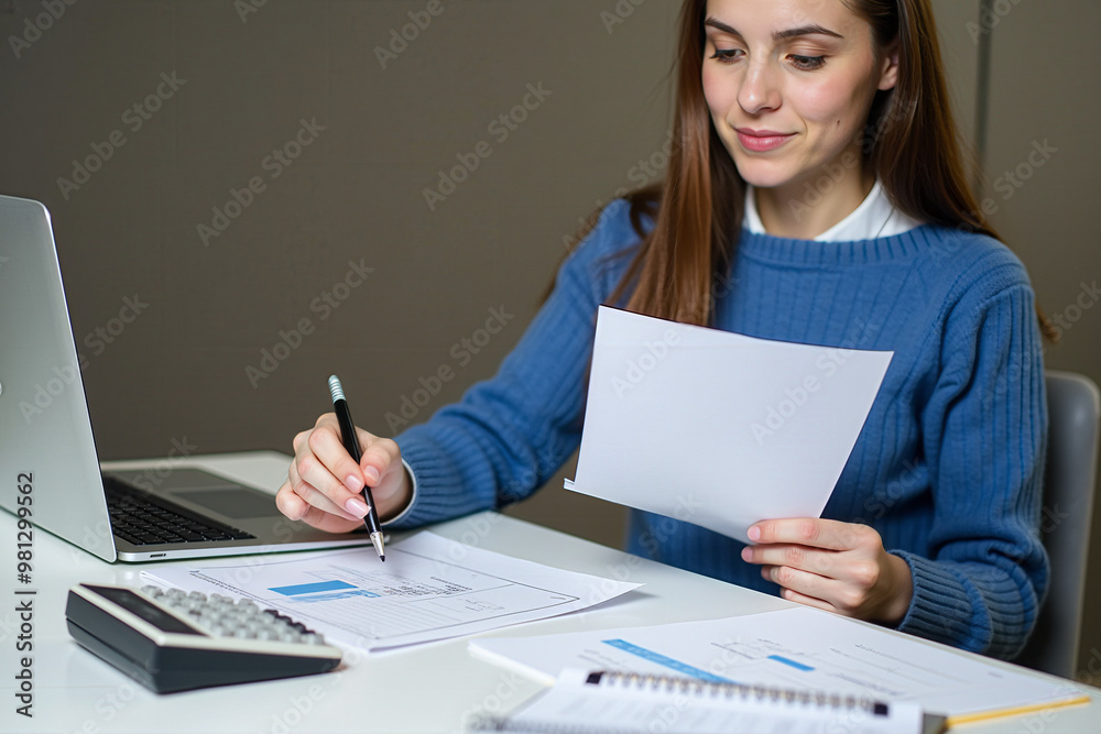 A young professional reviewing documents while working on a laptop, with a calculator and pencil on the desk. The setting suggests a modern office or home workspace, focusing on concentration and prod A young professional reviewing documents while working on a laptop, with a calculator and pencil on the desk. The setting suggests a modern office or home workspace, focusing on concentration and prod