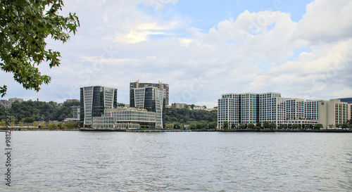 residential buildings on weehawken waterfront in hoboken new jersey (nj real estate apartments housing flats condo co-op condominium) city urban living lifestyle modern hudson nyc views new york city photo