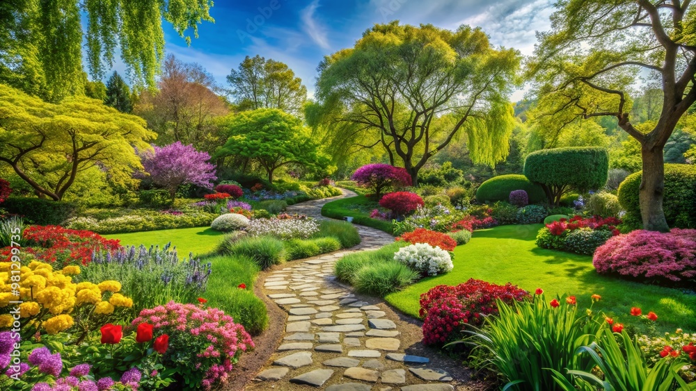 Serene lush green garden with vibrant flowers, blooming trees, and meandering stone pathways inviting relaxation and tranquility on a warm sunny day.