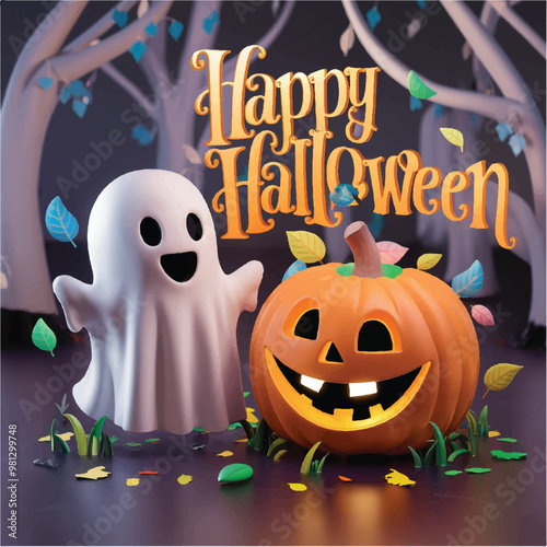 Happy Halloween with ghost and Jack-o'-lantern Vector, 3d render, illustration, typography