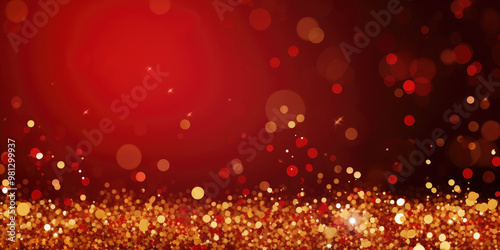 Golden particles create a beautiful bokeh effect on a vibrant red background. Perfect for festive projects for christmas, valentine's day, chinese new year or any other celebration. Copy space. Banner