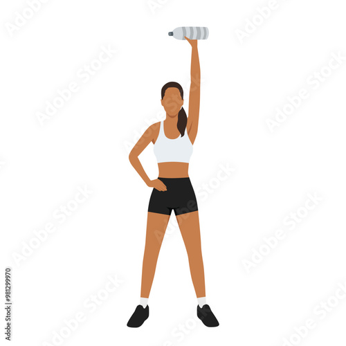 Young woman doing Single Arm Overhead Press with water bottle. Flat vector illustration isolated on white background