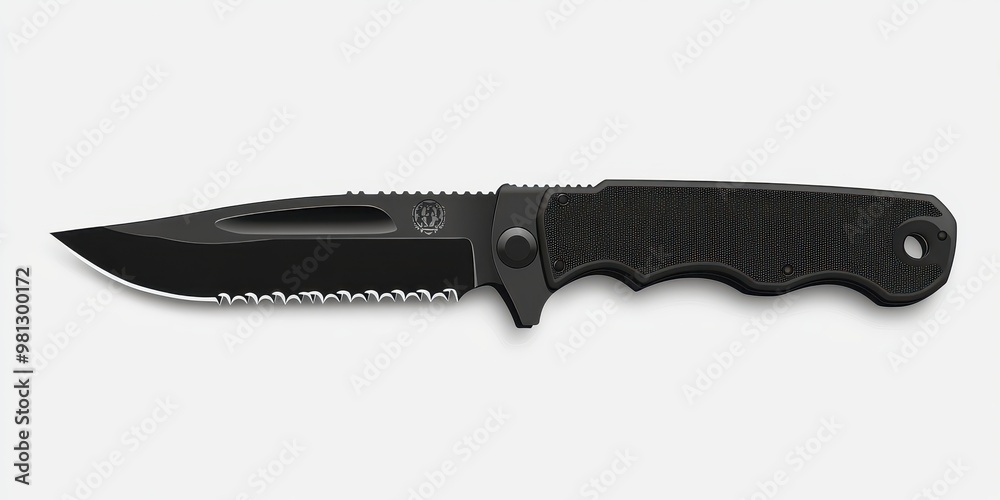 A sleek black folding knife design, perfect for outdoor activities and everyday carry. Sharp blade with ergonomic handle, white background A sleek black folding knife design, perfect for outdoor activities and everyday carry. Sharp blade with ergonomic handle, white background