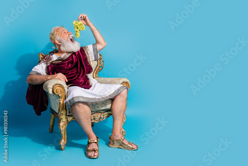 Tableau sur toile Full body portrait of grandfather wear ancient roman toga eat grape empty space