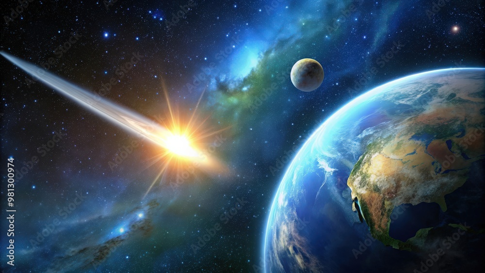 Obraz premium Comet passing close to planet Earth , Comet, space, astronomical, celestial, orbit, astronomy, universe, galaxy