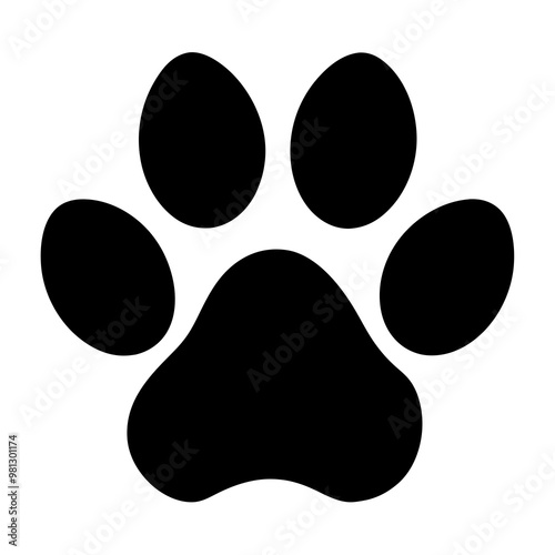 Paw print silhouette symbol on white background with copy space